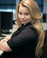 a woman sitting at a desk generative ai photo