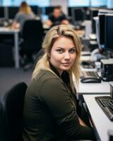 a woman sitting at a desk generative ai photo