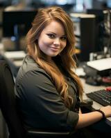 a woman sitting at a desk generative ai photo