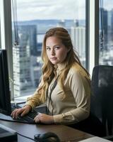 a woman sitting at a desk generative ai photo