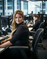 a woman sitting at a desk generative ai photo