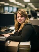 a woman sitting at a desk generative ai photo