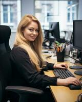 a woman sitting at a desk generative ai photo