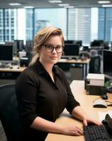 a woman sitting at a desk generative ai photo