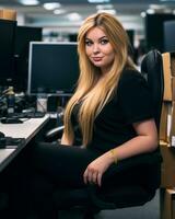 a woman sitting at a desk generative ai photo