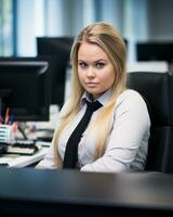 a woman sitting at a desk generative ai photo