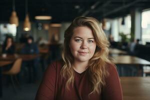 a woman sitting at a table in an office generative ai photo