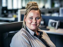 a woman sitting at an office desk with a smile on her face generative ai photo