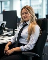 a woman sitting in an office chair generative ai photo