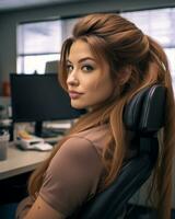 a woman sitting in an office chair generative ai photo