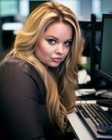 a woman sitting in front of a computer generative ai photo