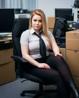 un mujer sentado en un silla en un oficina generativo ai foto