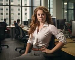 a woman sitting on a chair in an office generative ai photo