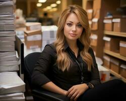 a woman sitting on a chair in front of stacks of boxes generative ai photo