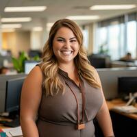 a woman smiling in an office generative ai photo