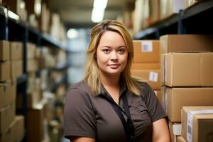 a woman standing in a warehouse with boxes generative ai photo