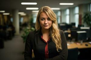 a woman standing in an office with her arms crossed generative ai photo