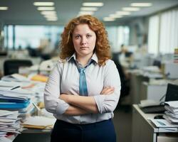 a woman standing in an office with her arms crossed generative ai photo