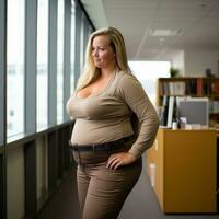 a woman standing in an office with her hands on her hips generative ai photo