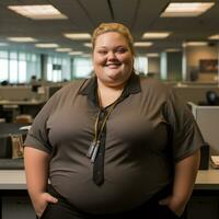 a woman standing in an office with her hands on her hips generative ai photo