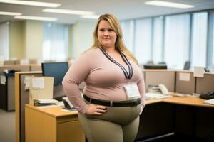 a woman standing in an office with her hands on her hips generative ai photo
