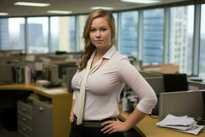 a woman standing in an office with her hands on her hips generative ai photo