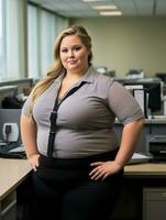 a woman standing in an office with her hands on her hips generative ai photo