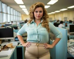 a woman standing in an office with her hands on her hips generative ai photo