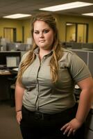 a woman standing in an office with her hands on her hips generative ai photo