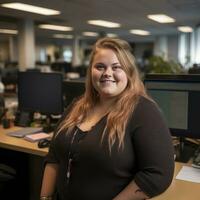 a woman standing in front of a desk in an office generative ai photo