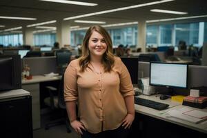 a woman standing in front of a desk in an office generative ai photo