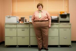 a woman standing in front of a filing cabinet generative ai photo