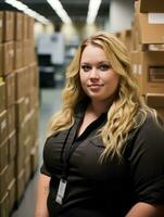 a woman standing in front of boxes in a warehouse generative ai photo