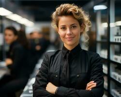 a woman standing in front of shelves in a store generative ai photo