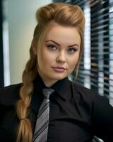 a woman wearing a black shirt and a tie generative ai photo