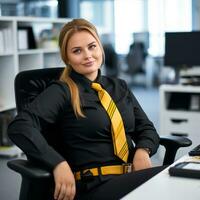 a woman wearing a black shirt and a yellow tie generative ai photo