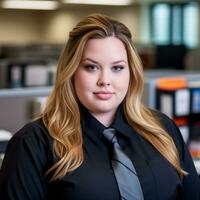 a woman wearing a black shirt and tie in an office generative ai photo