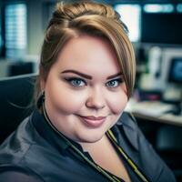 a woman wearing a black shirt and tie sitting at a desk generative ai photo