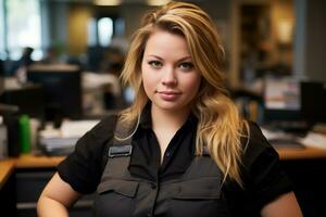 a woman wearing a black shirt and black vest in an office generative ai photo