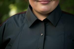 un mujer vistiendo un negro camisa y sonriente generativo ai foto