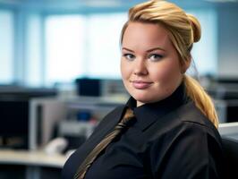 a woman wearing a black shirt and tie in an office generative ai photo