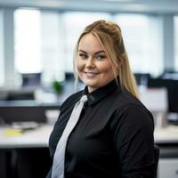 a woman wearing a black shirt and tie sitting in an office generative ai photo