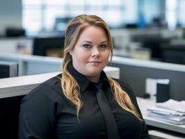 a woman wearing a black shirt and tie sitting at an office desk generative ai photo