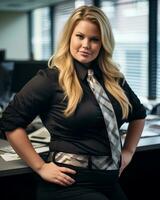 a woman wearing a black shirt and tie standing in front of a desk generative ai photo