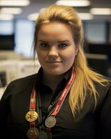 a woman wearing a black shirt with gold medals around her neck generative ai photo