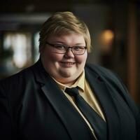 a woman wearing a black suit and a yellow shirt generative ai photo