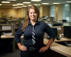 a woman wearing a blue shirt generative ai photo