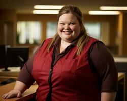 a woman wearing a red vest generative ai photo
