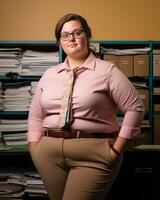a woman wearing a pink shirt generative ai photo