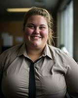 a woman wearing a shirt and tie smiles for the camera generative ai photo
